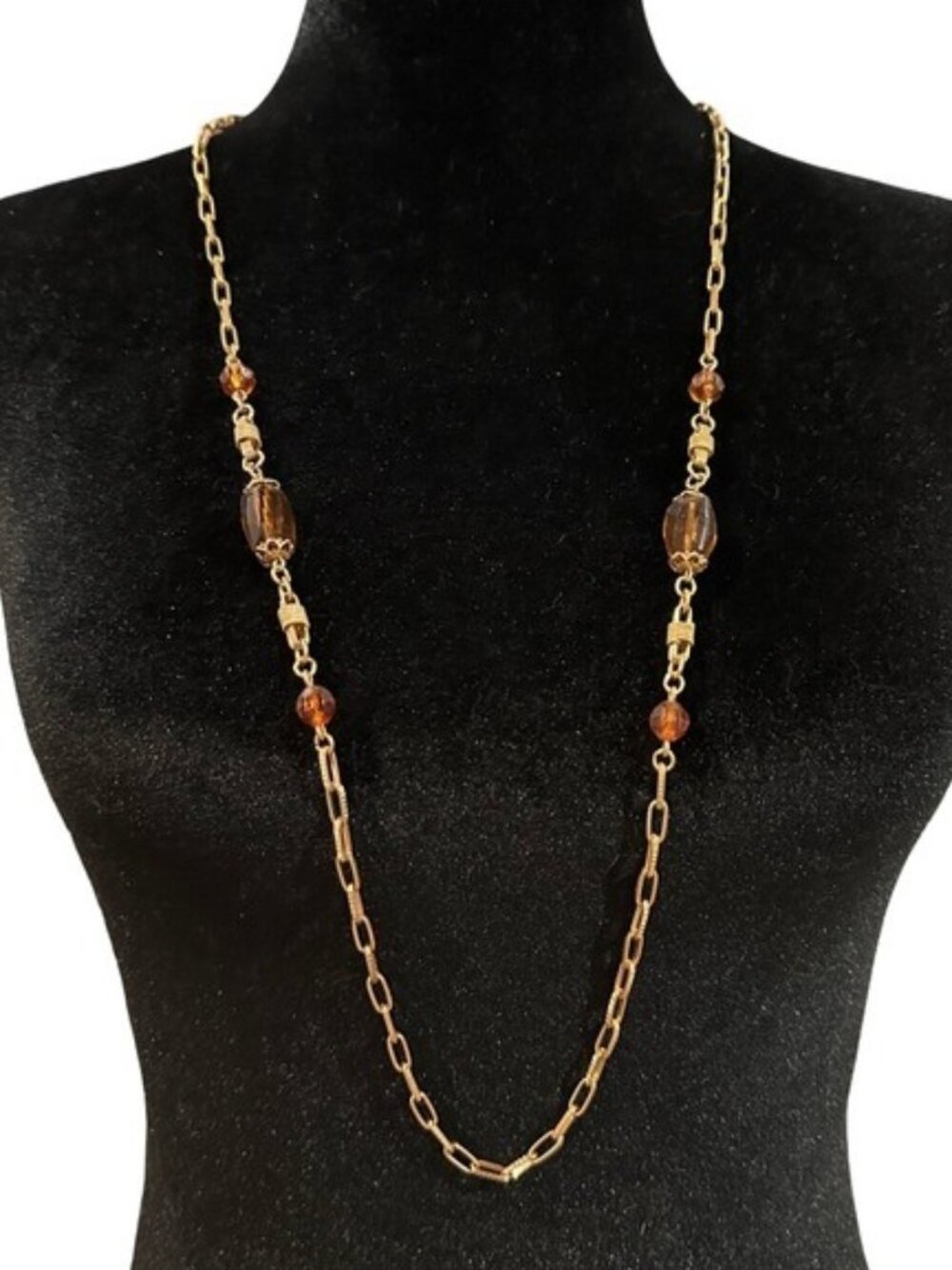 Sarah Coventry Signed Vintage Necklace Gold Tone Chain Brown Beaded 34 Inch